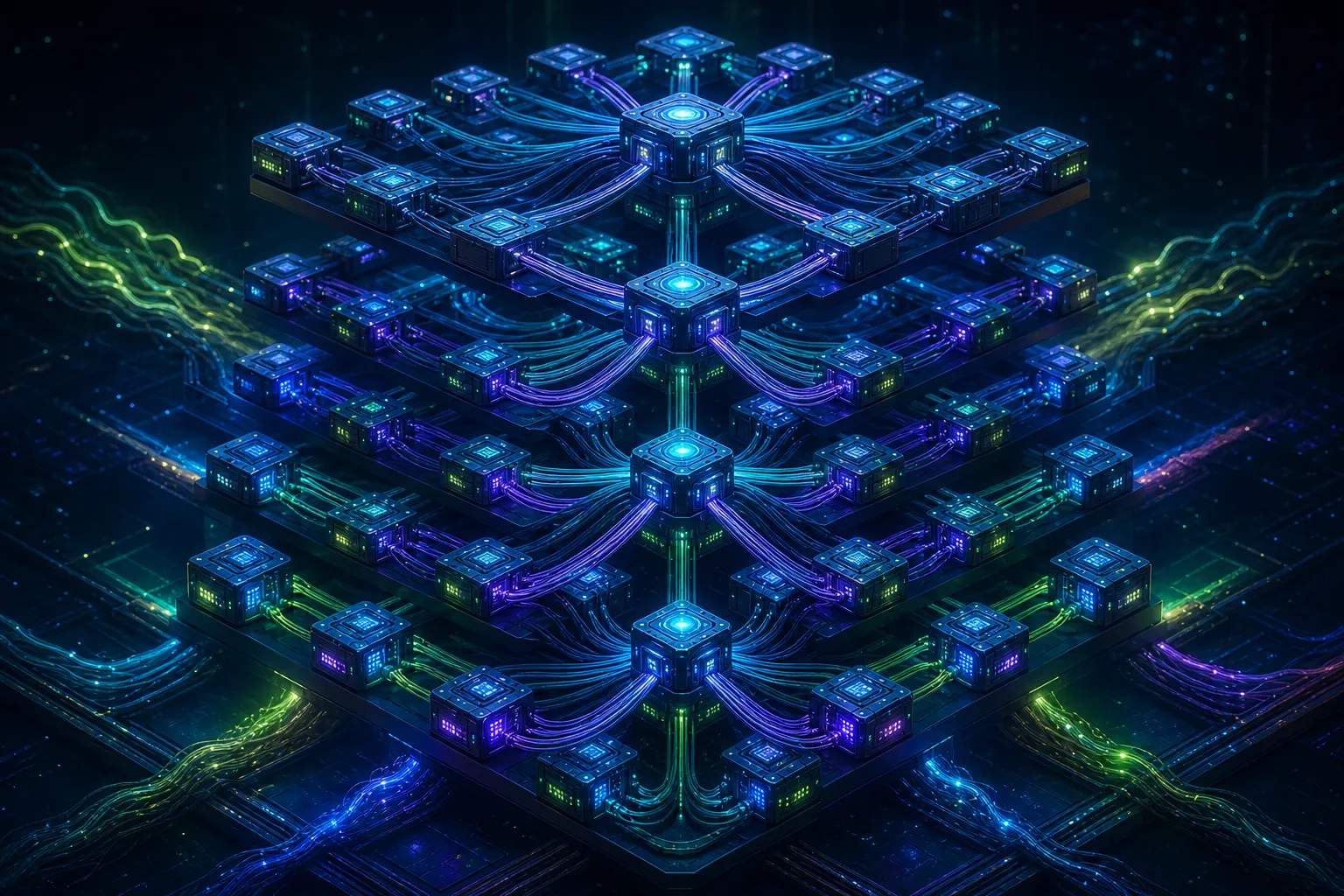 Six distinct networks layered around an AI cluster, each carrying a different kind of traffic (AI-generated image)
