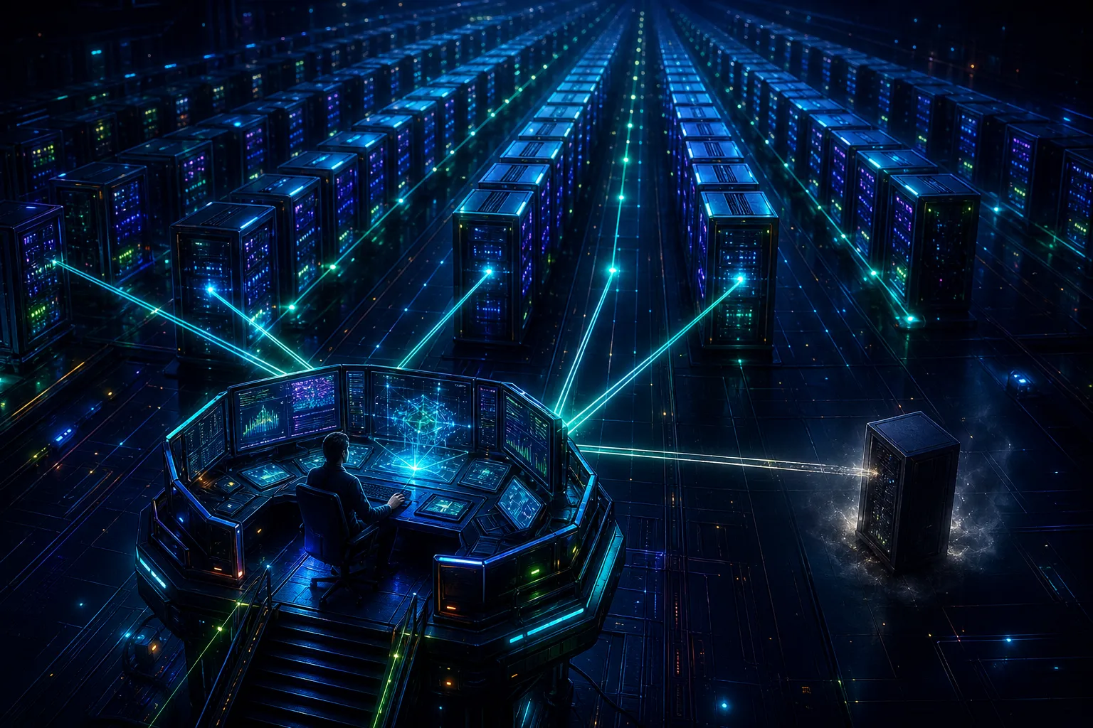 Un puesto de control central desde el que se vigilan filas de racks de un centro de datos de IA (imagen generada con IA)