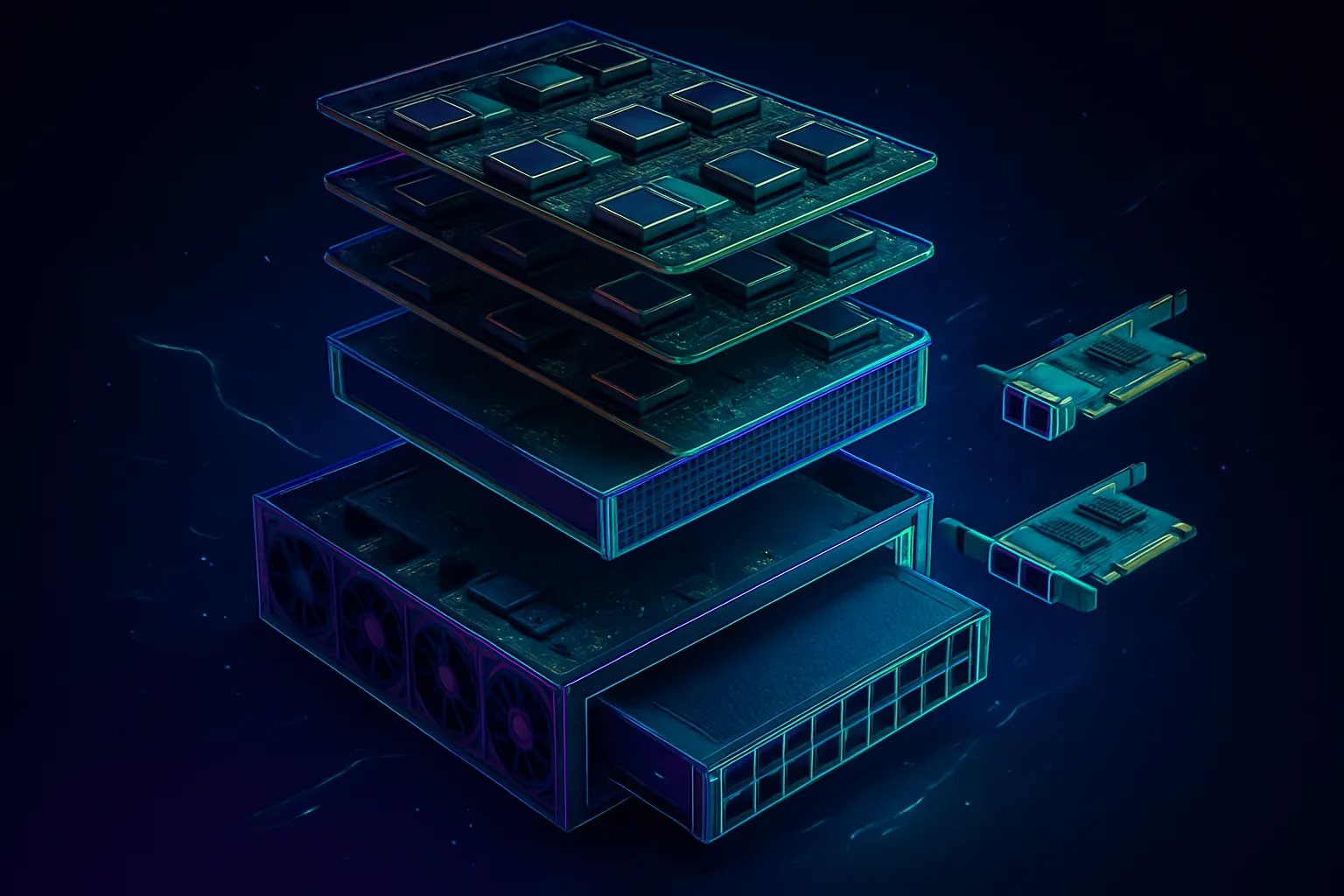 The layers of an AI hardware stack separated into hardware, interconnect and software licensing (AI-generated image)