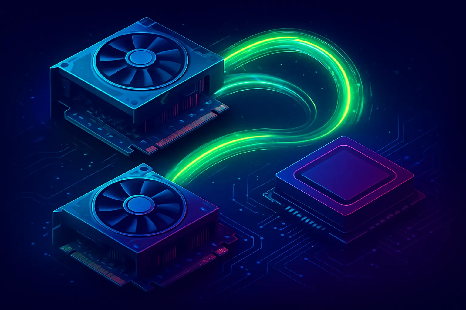 Dos GPUs intercambiando datos directamente sin pasar por el procesador central (imagen generada con IA)